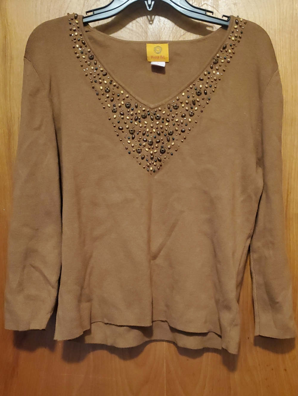 Ruby Rd. Rust Brown Studded V-Neck Long Sleeve Top